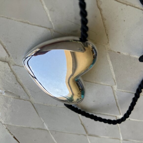 Large modern sterling silver heart on black silk twine by Annika Inez - Picture 3 of 3